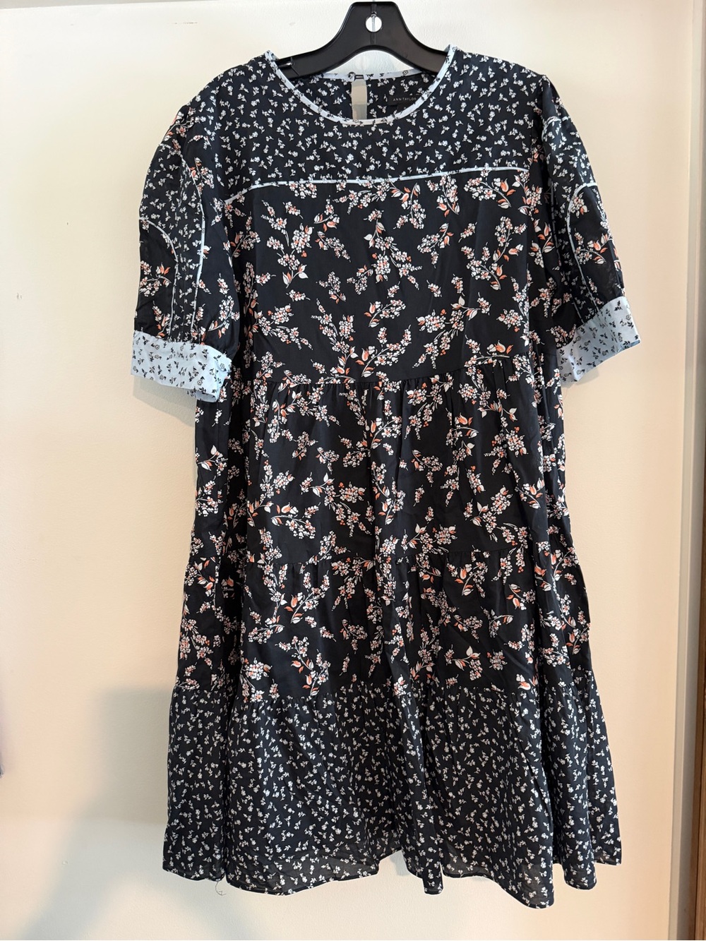 Ann Taylor Black Floral Tiered Casual Dress with Light Blue Trim